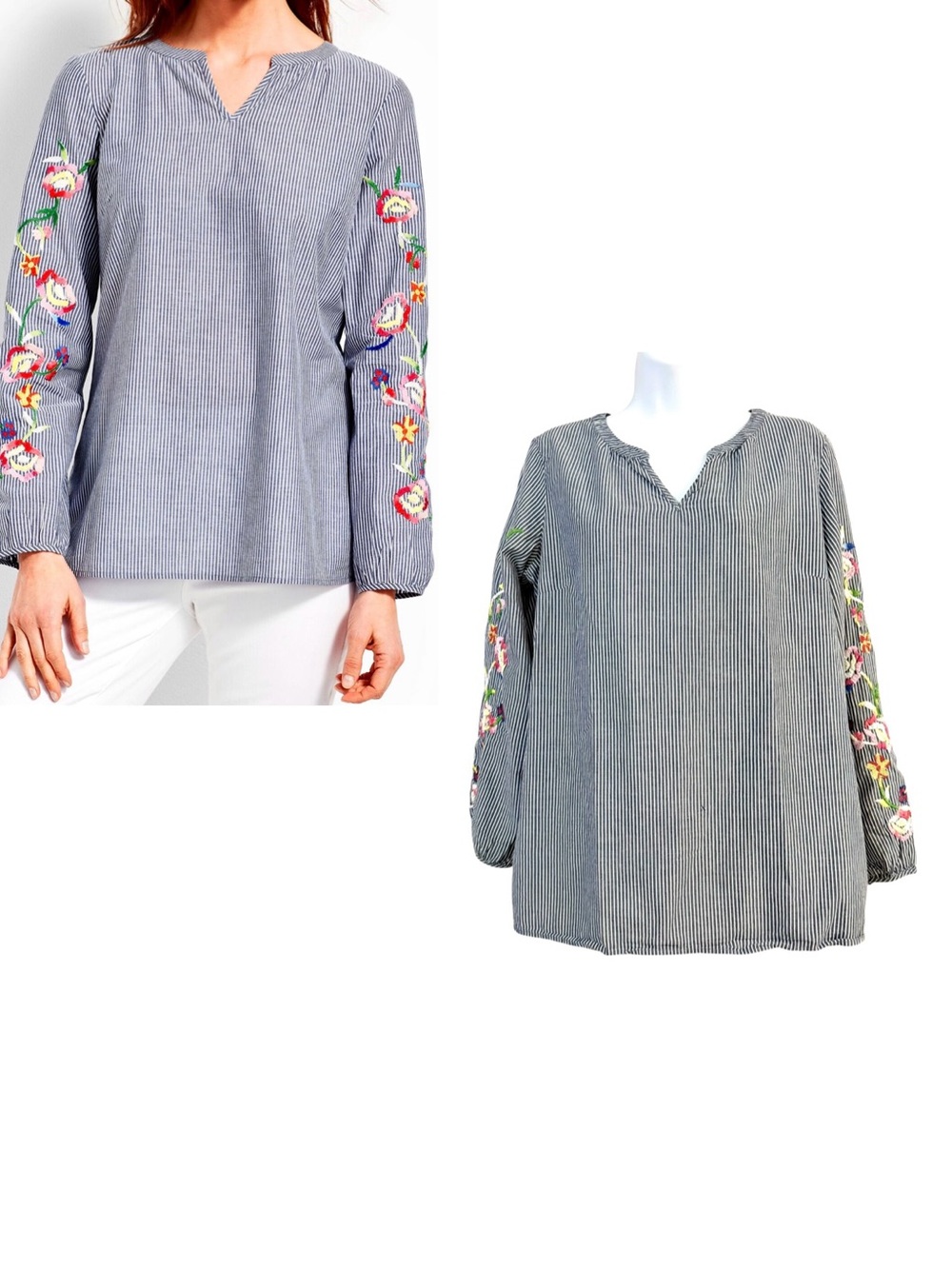 Talbots Embroidered Cotton Popover Tunic Top Size Medium Stripe Summer Floral